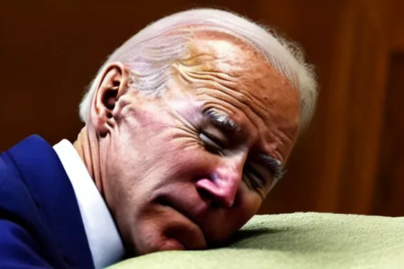 Prompt: a far away shot of Joe Biden sleeping on a bed in a court room