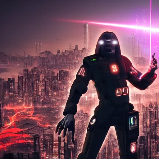 Prompt: cyberpunk man that is half a robot in half a human flesh his left eye is a red glowy eyes it's made of metal the man is holding a laser gun standing on a mountain the background is is a cyberpunk city the weather is raining