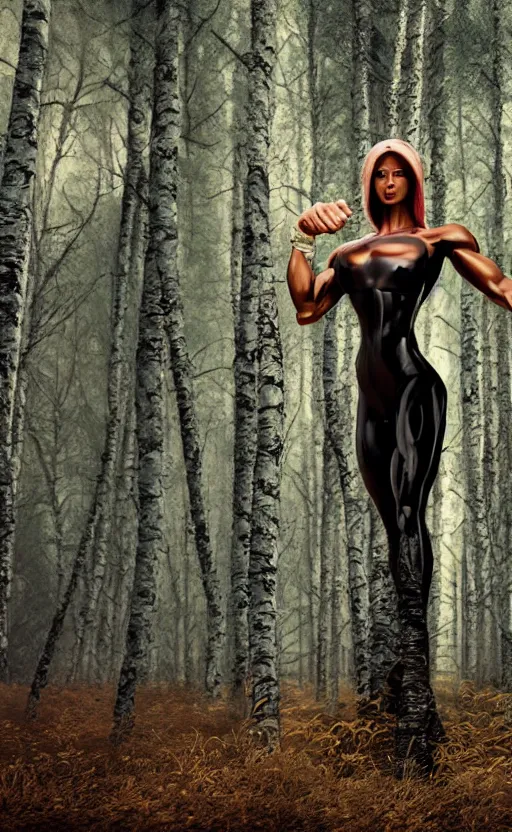 Image similar to photo of superbodybuilder woman posing standing with back in birch forest in jeff koons hip hop bauhaus style, beautiful detailed face, ultra realistic, concept art, intricate details, serious, highly detailed, photorealistic, octane render, 8 k, unreal engine, natural light, art by todd mcfarlane