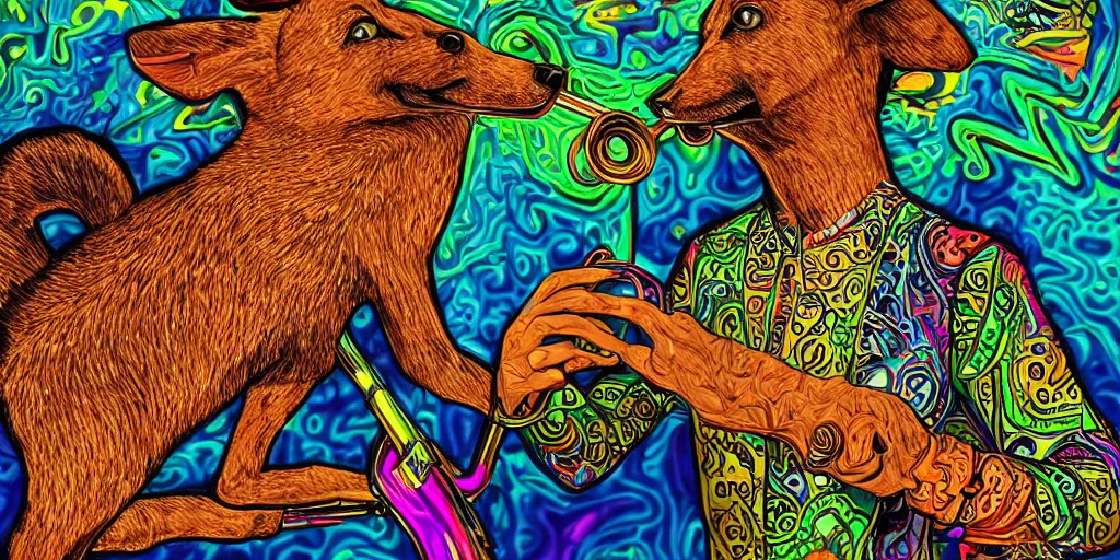 Prompt: highly detailed digital artwork of a psychedelic dingo - man with a salvador dali mustache. he wears a blue paisley jacket. he has a short green fade hairstyle. he is playing the trumpet.