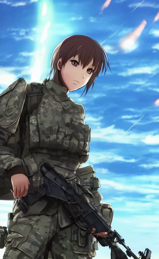 Prompt: girl, trading card front, future soldier clothing, future combat gear, realistic anatomy, war photo, professional, by ufotable anime studio, green screen, volumetric lights, stunning, military camp in the background, metal hard surfaces, generate realistic face, only blue sky in the back