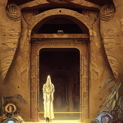 Image similar to art nouveau gate leading into rock-cut cyberpunk temple with Nabatean geometric decorations, figures cloaked in robes standing outside, hardy desert bushes, science fiction concept art by greg rutkowski and wayne barlowe and alphonse mucha