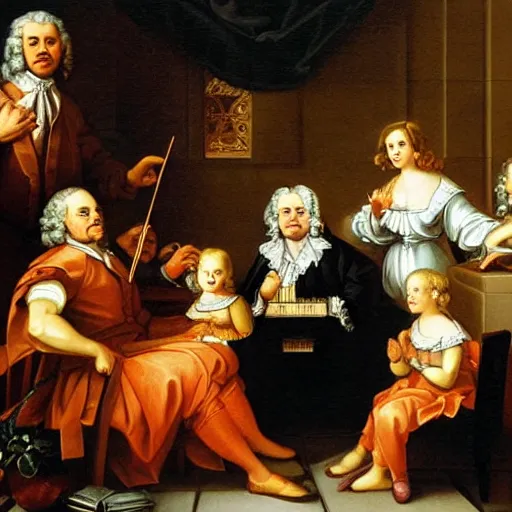 Image similar to baroque painting of johann sebastian bach playing the piano with his family in heaven