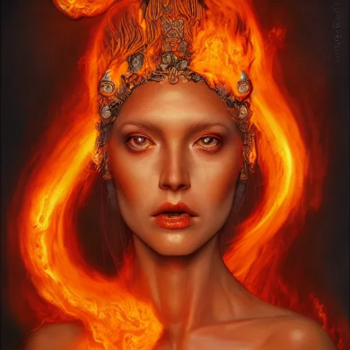 Image similar to A stunning portrait of a goddess, her body engulfed in flames, by Jim Burns, 8K UHD, intricate, fantasy, Trending on artstation.