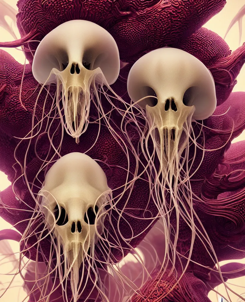 Image similar to goddess close-up portrait ram skull. jellyfish phoenix head, nautilus, orchid, skull, betta fish, bioluminiscent creatures, intricate artwork by Tooth Wu and wlop and beeple. octane render, trending on artstation, greg rutkowski very coherent symmetrical artwork. cinematic, hyper realism, high detail, octane render, 8k