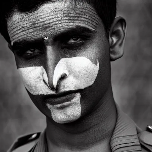 Image similar to a dramatic photograph of soldier from india, indian flag painted on his face, cinematic lighting