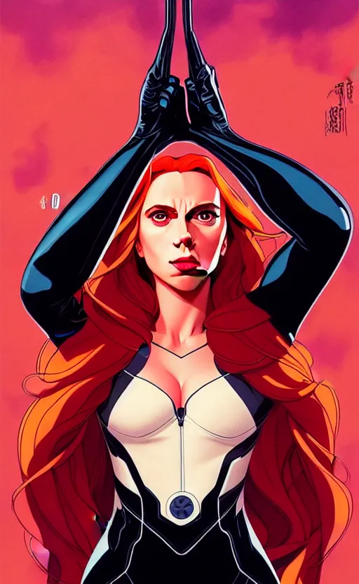 Image similar to rafeal albuquerque comic art, joshua middleton comic art, artgerm, cinematics lighting, night time, pretty scarlett johansson black widow, big smirk, symmetrical face, symmetrical eyes, long red hair, full symmetrical body, flying in the air, jumping off rooftop