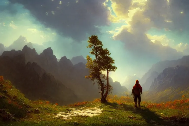 Image similar to a traveler wandering trough the mountains looking at the clouds, very detailed, oil painting, cinematic lighting, neo-romanticism, albert bierstadt, trending on artstation, colorful