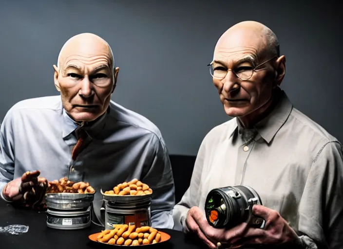 Image similar to a scene from a 2 0 2 0 s halloween kills, patrick stewart is eating from a can of beans, vhs distortion, cathode ray tube distortion, folk horror, hauntology, 8 k, 8 5 mm f 1. 8, studio lighting, rim light, right side key light