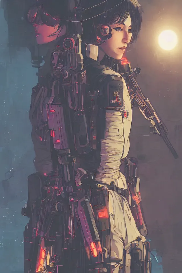 Image similar to very detailed, prophet graphic novel, ilya kuvshinov, rutkowski, simon roy, illustration of a cyberpunk military woman, colorful, deep shadows, astrophotography