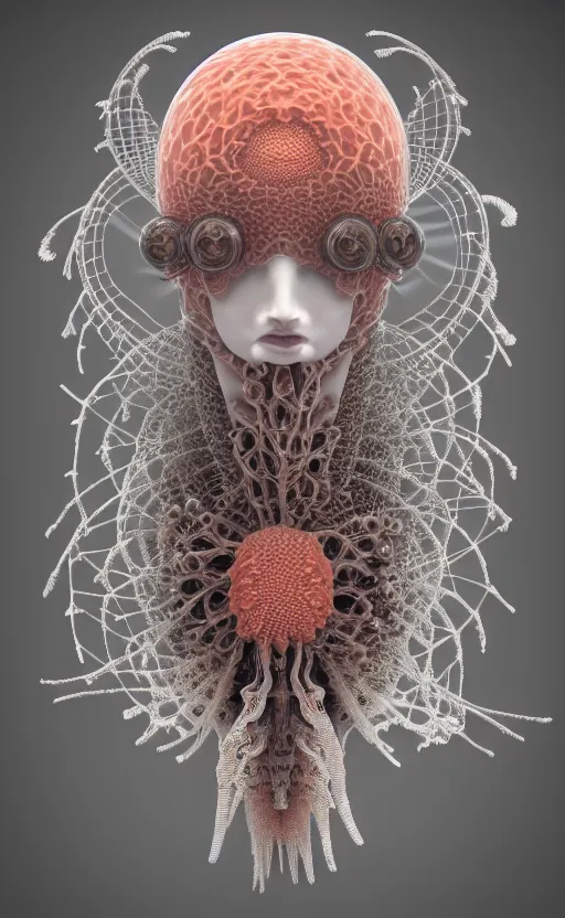 Image similar to intricate gothic girl mask, eagle coral, jelly fish, mandelbulb 3 d, fractal flame, octane render, cyborg, biomechanical, futuristic, by ernst haeckel