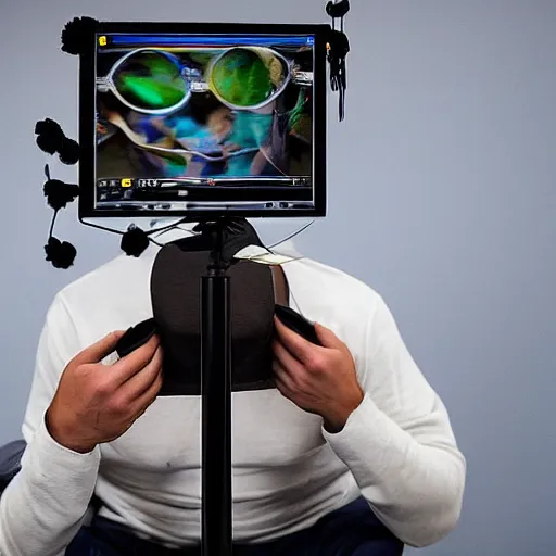 Image similar to a person wakes up sitting on a chair with things attached to his head like a mind reader, screens in front of him playing videos