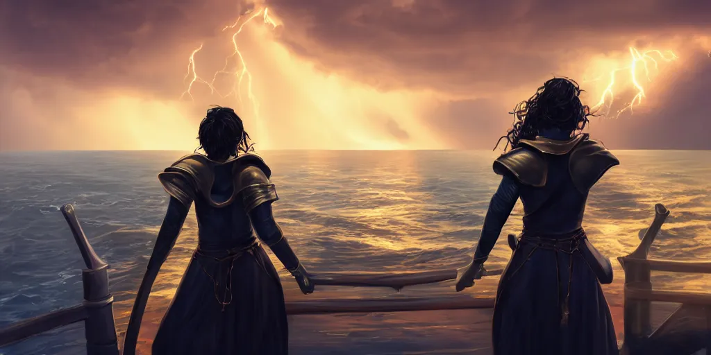 Prompt: epic medieval woman ship pilot standing at the bow of a ship at sea from behind, dramatic dark glowing golden neon sunset with thick wall of lightning storm clouds and violent seas, hairstyle with side part, dynamic lighting, hyperrealistic, hd 4 k, artstation