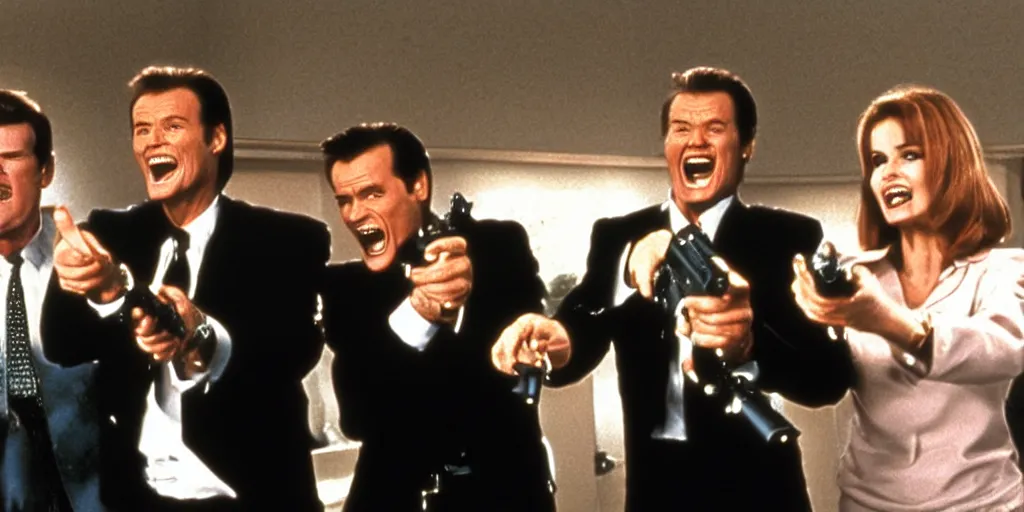 Image similar to still frame of Geena Davis, Roger Moore and Jim Carrey in Pulp Fiction laughing hysterically at a tiny gun