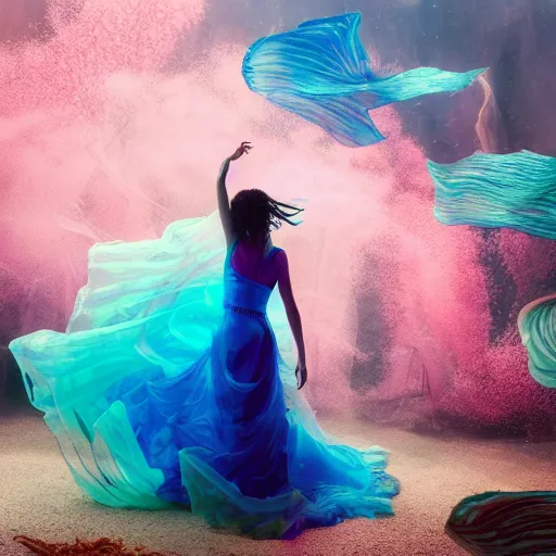 Image similar to woman dancing underwater wearing a flowing dress made of many translucent layers of blue, magenta, and yellow lace seaweed, delicate coral sea bottom, swirling silver fish, swirling smoke shapes, unreal engine, caustics lighting from above, cinematic, hyperdetailed