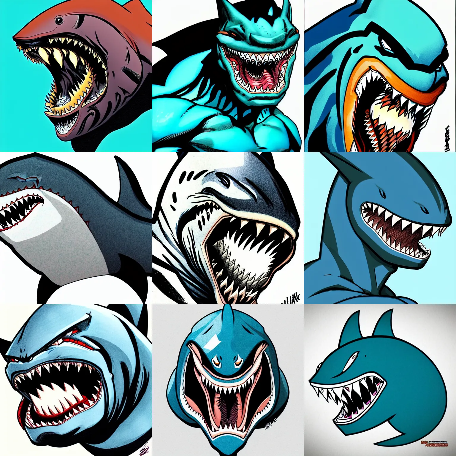 Prompt: anthropomorphic sideview shark!!! jim lee!!! face macro shot!!! flat! ink sketch colorised by jim lee close up in the style of jim lee, ninja! battle rugged hulk shark animal superhero by jim lee