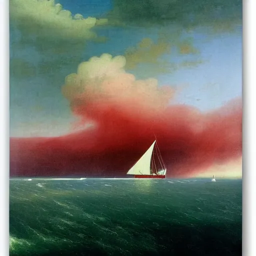 Image similar to minimalist symmetrical red clouds and green ocean in iceland fjord with tall sailboat painting by ivan aivazovsky