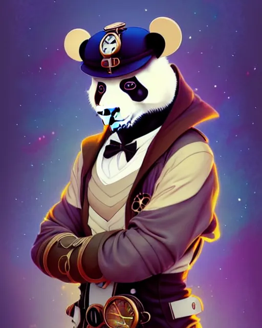 Image similar to don bluth, loish, artgerm, joshua middleton, steampunk, clockpunk anthropomorphic panda, full sailor suit, symmetrical eyes symmetrical face, colorful animation forest background