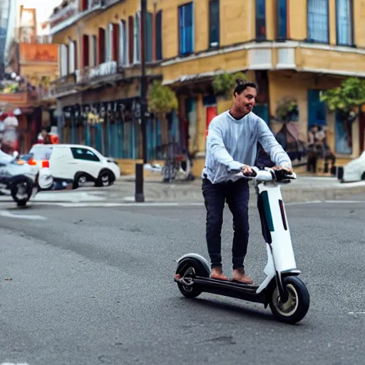 Prompt: A seagull sitting on top of a man, who is riding an electric scooter