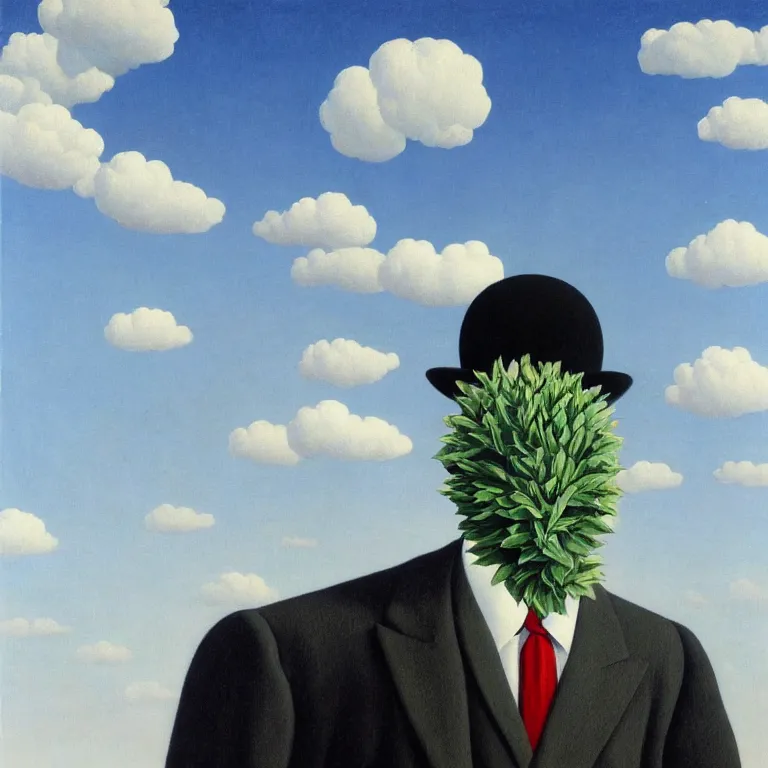 Image similar to portrait of a faceless beautiful flower - head man in a suit, clouds in the background, by rene magritte, detailed painting, distance, middle centered, hd, hq, high resolution, high detail, 4 k, 8 k