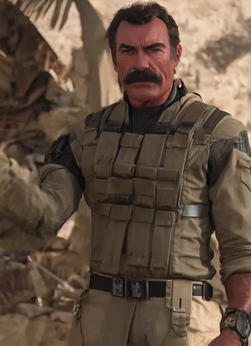 Prompt: film still of tom selleck as snake in metal gear solid the phantom pain, gameplay, 8 k, hd