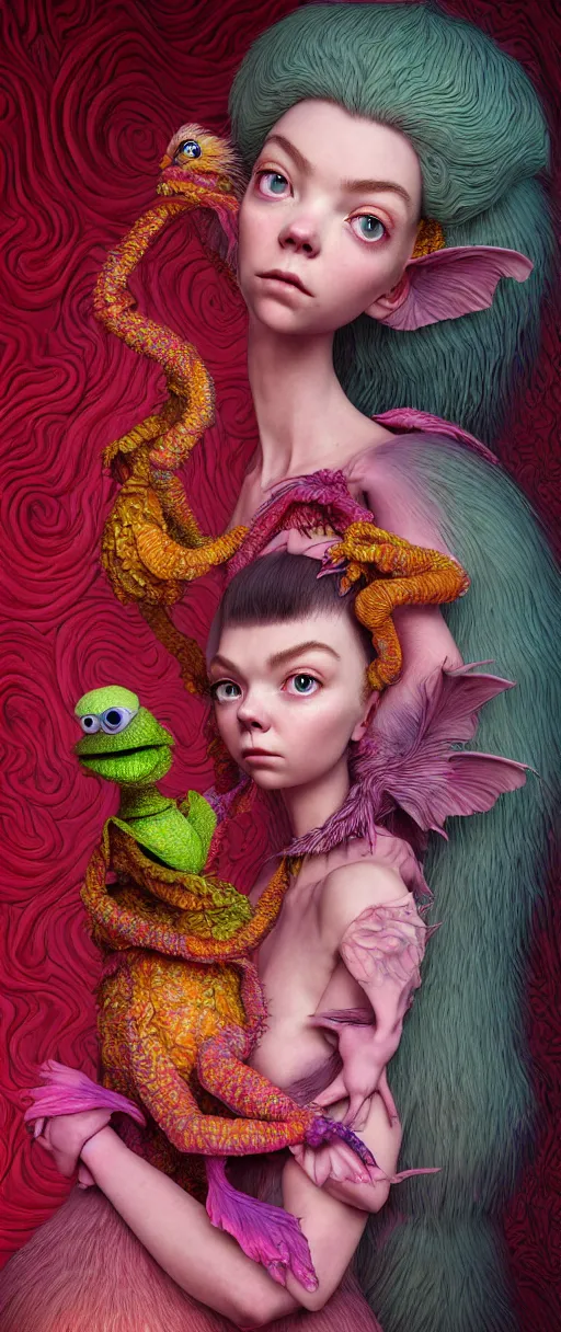 Prompt: hyper detailed 3d render like a Oil painting - kawaii portrait of two Aurora (a beautiful skeksis muppet fae princess protective playful from dark crystal that looks like Anya Taylor-Joy) seen red carpet photoshoot in UVIVF posing in scaly dress to Eat of the Strangling network of yellowcake aerochrome and milky Fruit and His delicate Hands hold of gossamer polyp blossoms bring iridescent fungal flowers whose spores black the foolish stars by Jacek Yerka, Ilya Kuvshinov, Mariusz Lewandowski, Houdini algorithmic generative render, Abstract brush strokes, Masterpiece, Edward Hopper and James Gilleard, Zdzislaw Beksinski, Mark Ryden, Wolfgang Lettl, hints of Yayoi Kasuma and Dr. Seuss, octane render, 8k