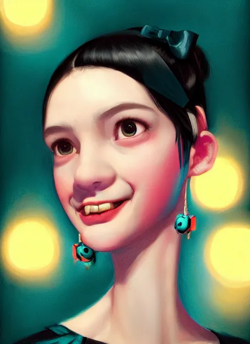 Image similar to portrait of high school girl, realistic, black hair, bangs, half updo hairstyle, pointy nose, skinny, smile, ugly, defined jawline, big chin, teal hair bow, earrings, intricate, elegant, glowing lights, highly detailed, digital painting, artstation, sharp focus, illustration, art by wlop, mars ravelo and greg rutkowski