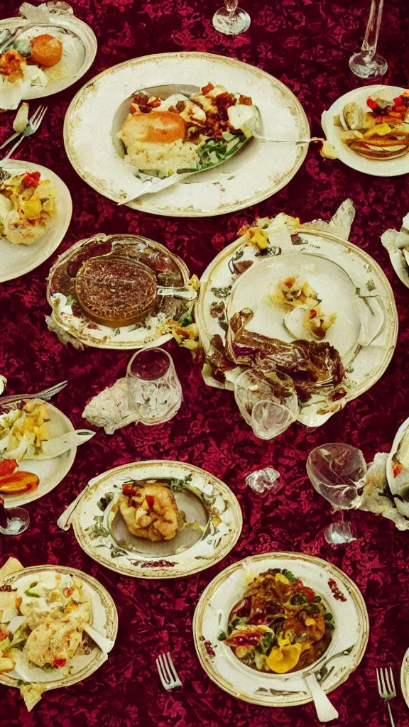 Prompt: 7 0 s food photography of an opulent meal on a crushed velvet tablecloth