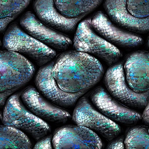 Image similar to highly textured iridescent-pearlescent-black-snakes wrapped around each other, 3D, digital art, octane render, blender cycles, photorealistic, sharpened, repeating patterns, 4k-ultra-hd, high dynamic range