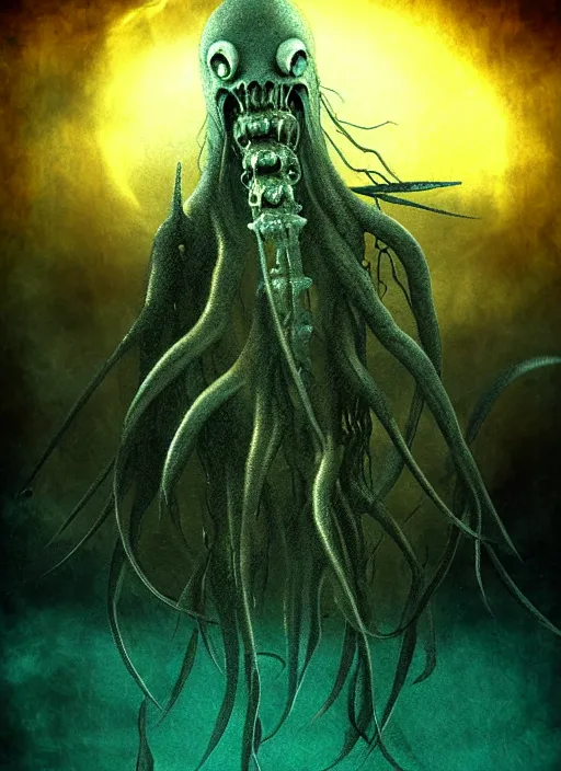 Prompt: bigfin squid, horror style, digital art, monster, ominous underwater environment, dark souls, terrifying, epic surrealism