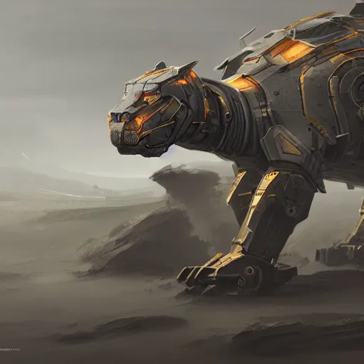 Image similar to armored robotic panther, matte painting concept art by jama jurabaev and by vitaly bulgarov