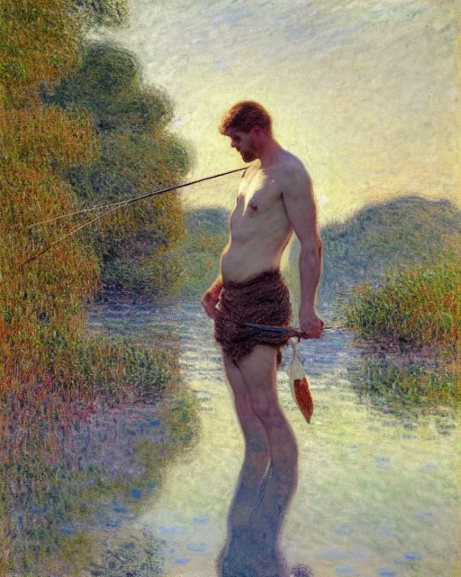 Image similar to attractive fisherman wading through a river, reflective water, painting by tom of finland, gaston bussiere, craig mullins, j. c. leyendecker, claude monet