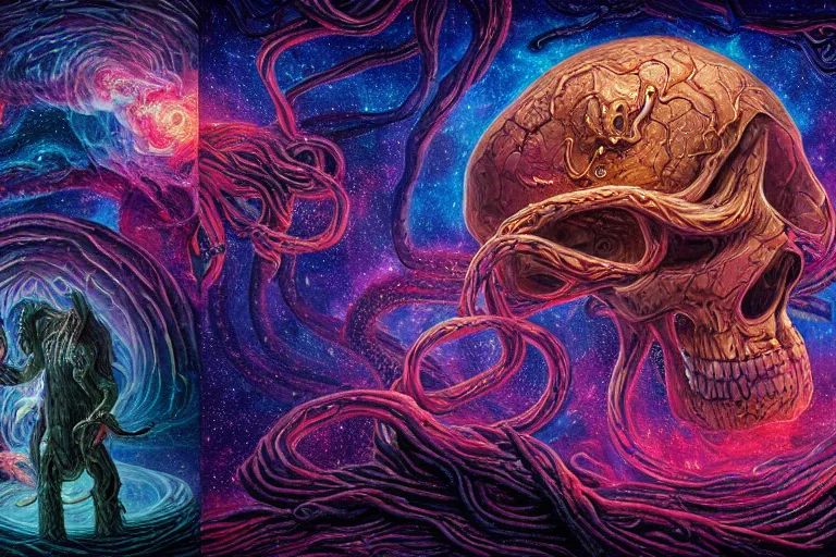 Image similar to a giant skull and flesh creature with deep and intricate rune carvings and twisting lovecraftian tentacles emerging from a space nebula by dan mumford, twirling smoke trails, a twisting vortex of dying galaxies, collapsing stars, digital art, photorealistic, vivid colors, highly detailed, intricate