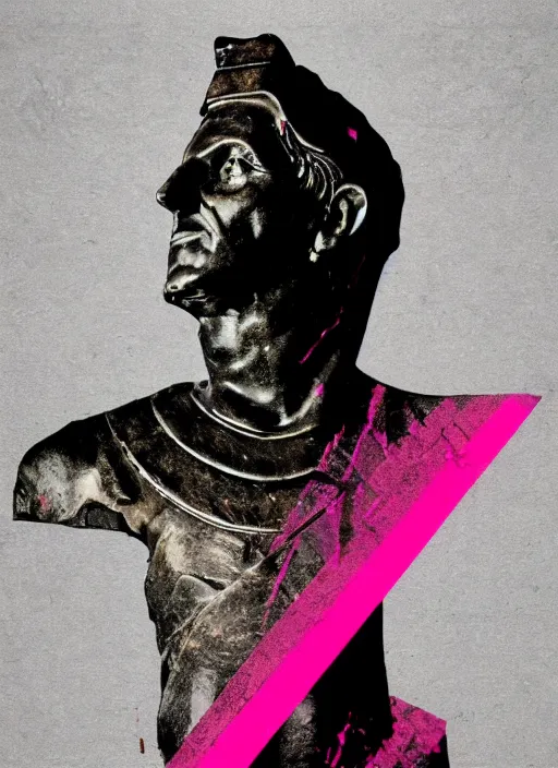 Image similar to elegant dark design poster showing a statue of julius caesar, black background with very subtle red and purple design elements, soft edges, powerful, nekro, vito acconci, thin straight purple lines, dark, glitch art, neo vaporwave, gritty, layout frame, square, trending on artstation