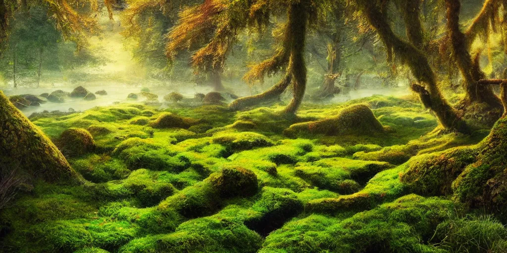 Image similar to gorgeous fields of moss landscape with glistening water, magical forest, brightly colored, magical, fantasy, landscape, beautiful, intricate details, highly detailed, sharp focus, concept art, digital painting, trending on artstation, still, screenshot, photo, photograph, in the style of Manuel Vormwald