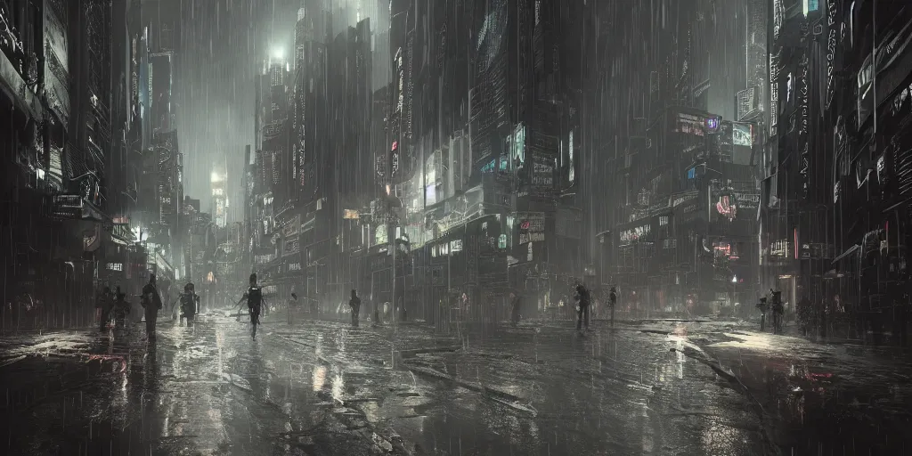 Prompt: uncanny valley, dark grotesque nocturne cyberpunk city, armed and dangerous, night, rain, black, grey, white, realistic 4 k octane beautifully detailed render, 4 k post - processing, highly detailed, intricate complexity, epic composition, magical atmosphere, cinematic lighting, masterpiece, ultra hd