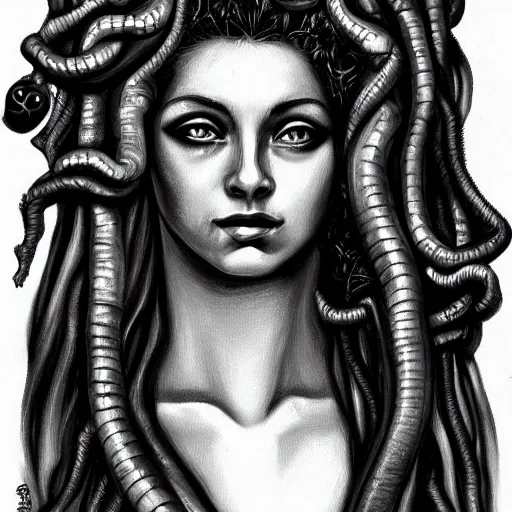 Prompt: medusa portrait painting, black and white, arstation, detailed, blurred background