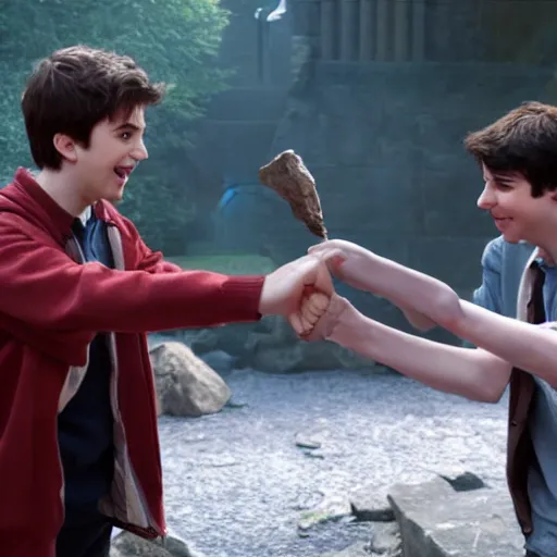 Image similar to harry potter and percy jackson playing rock paper scissors, cinematic still, high quality, high definition, 4 k