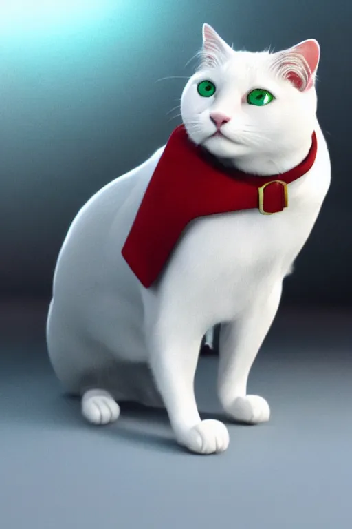 Prompt: a white cat with blue eyes wearing a red and green formal overcoat, hyperrealistic, concept art, octane render, unreal engine 5, realistic and defined face, profile picture, digital art, pixar and disney style, symmetrical, high quality, highly detailed, high coherence, path traced, house background, low contrast, beautiful