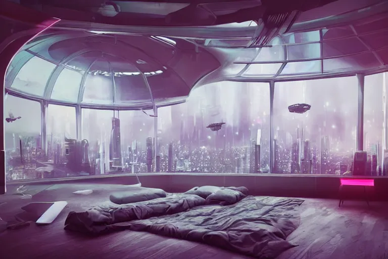 Image similar to a futuristic bedroom with large curved ceiling high windows looking out to a far future cyberpunk cityscape, cyberpunk neon lights, raining, scifi