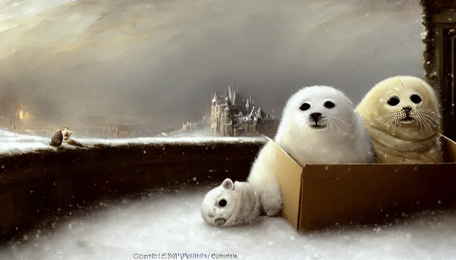 Image similar to highly detailed painting of cute furry white baby seals cuddled up in a cardboard box in a snowy cloudy sky castle by william turner, by greg rutkowski, by william constable, by greg tocchini, thick brush strokes and visible paint layers, 4 k resolution, retrowave colour scheme