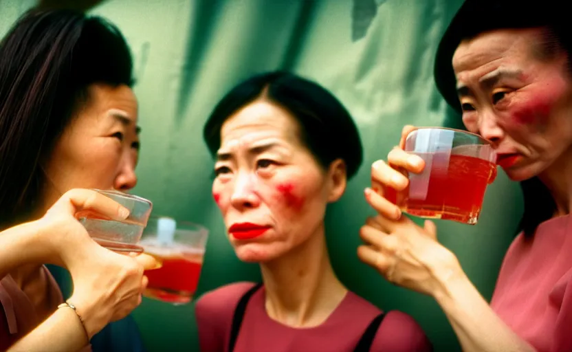 Prompt: cinestill 5 0 d candid photographic portrait by helen levitt of a two android women sharing a drink in futuristic china, extreme closeup, modern cyberpunk, minimalism, dust storm, 8 k, hd, high resolution, 3 5 mm, f / 3 2, ultra realistic faces, intricate detail, ex machina