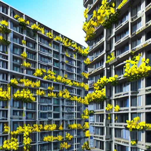 Prompt: multistory building, full of yellow flowers flowers, glass openings, housing architecture, classical architecture, brutalist architecture, blue hour, archviz, cgi, trending on artstation, architecture visualization, corona renderer, unreal engine, ray tracing, cinematic