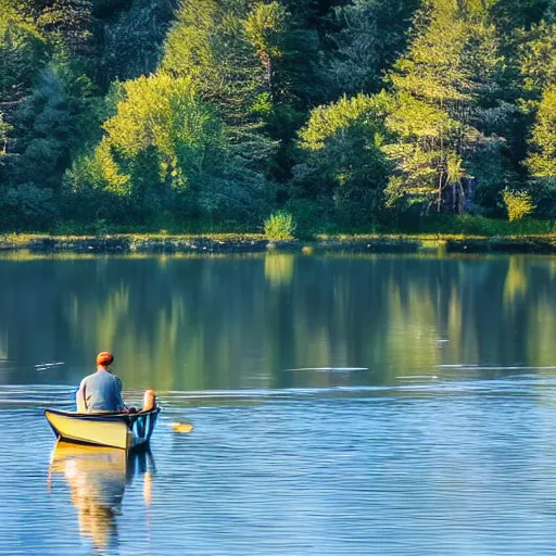 Prompt: surrealist fisherman in boat on calm lake with many trees along the shoreline during twillight