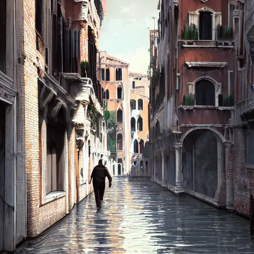 Prompt: A man walking through Venice Italy during the Great Renaissance in a cyberpunk universe, futuristic, sci-fi, highly detailed, digital painting, trending on artstation, 8k by Syd Mead