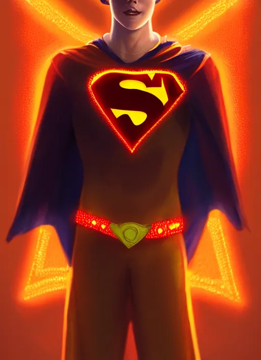 Image similar to kind teenage archie andrews wearing an orange superhero costume, freckles, superhero costume with heart emblem, cape, intricate, elegant, glowing lights, highly detailed, digital painting, artstation, sharp focus, illustration, art by wlop, mars ravelo and greg rutkowski