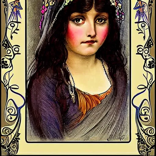 Image similar to gypsy girl, dark hair, art nouveau, jugendstil