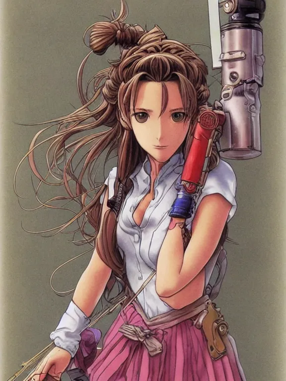 Image similar to aerith from final fantasy, a masterful and highly - skilled full color illustration by otomo katsuhiro, terada katsuya and kim jung gi!!!, realistic proportions and anatomy