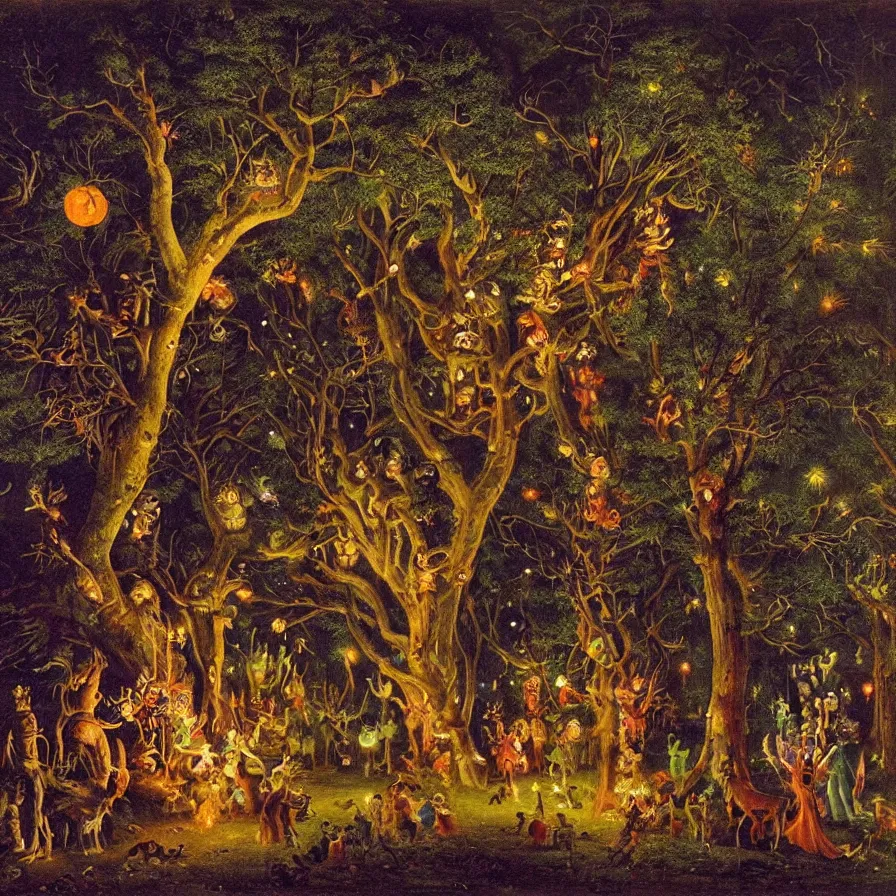 Prompt: a night carnival around a magical tree cavity, with a surreal orange moonlight and fireworks in the background, next to a lake with iridiscent water, christmas lights, folklore animals and people disguised as fantastic creatures in a magical forest by summer night, masterpiece painted by julius schnorr von carolsfeld, dark night environment