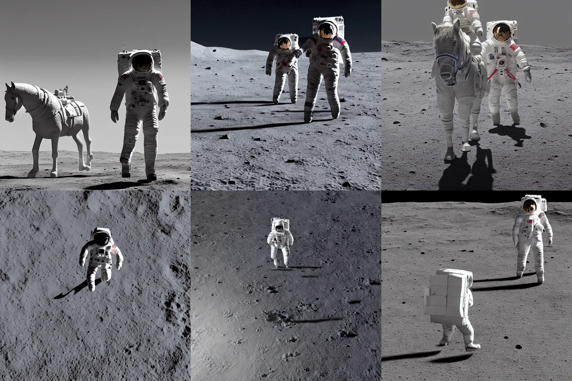Prompt: a high quality 3D render of an astronaut walking with a horse on the surface of the moon, 4K, hyperrealism, Unreal Engine, octane render